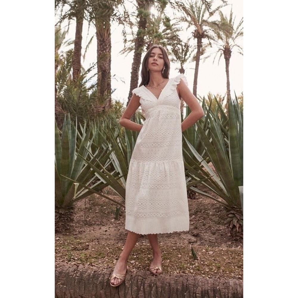 Sezane White Embroidered Midi Dress US 2 XS Boho Cotton Open Back